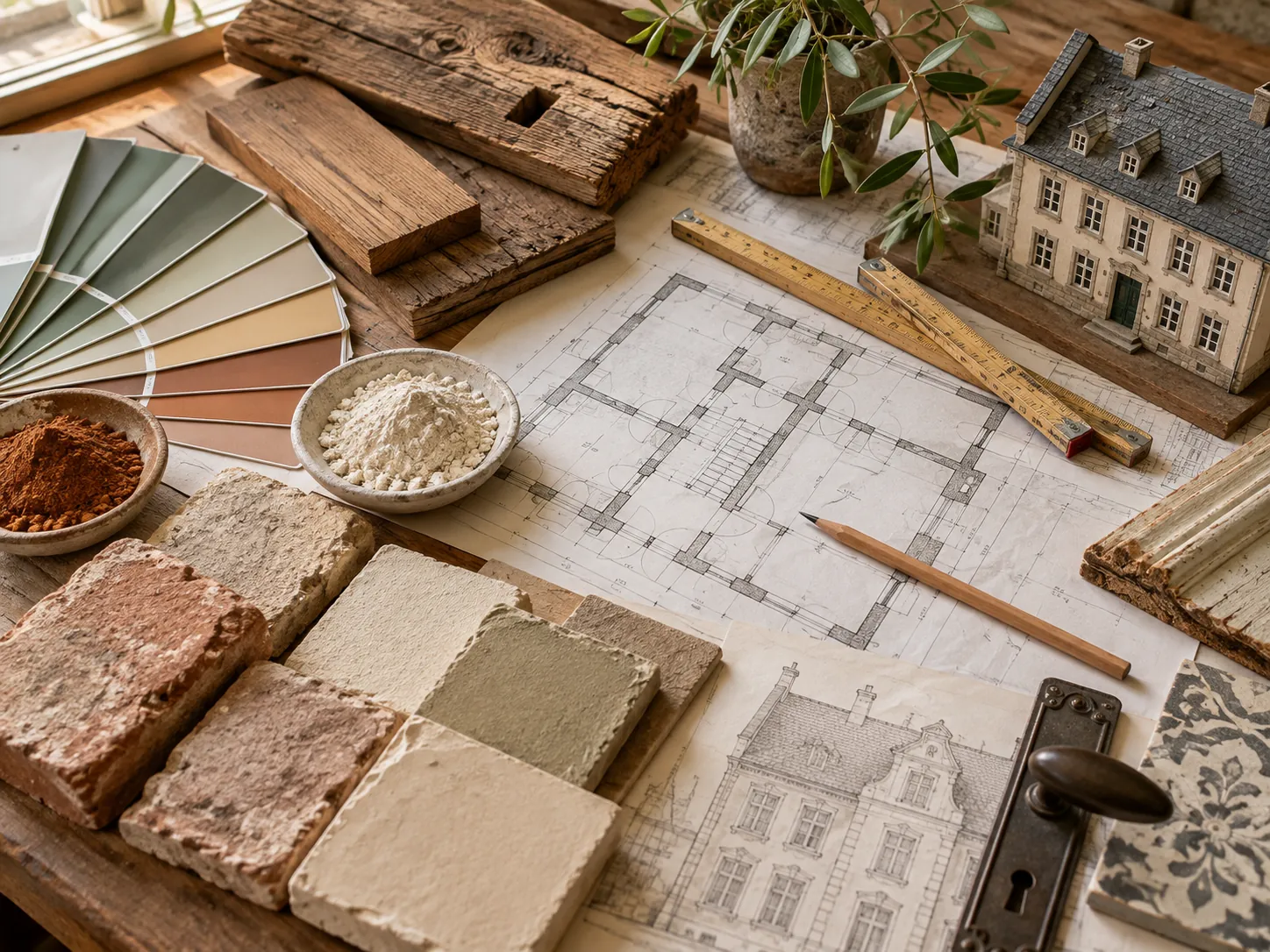 Materialmuster und Bauplan für die Sanierung eines Altbaus