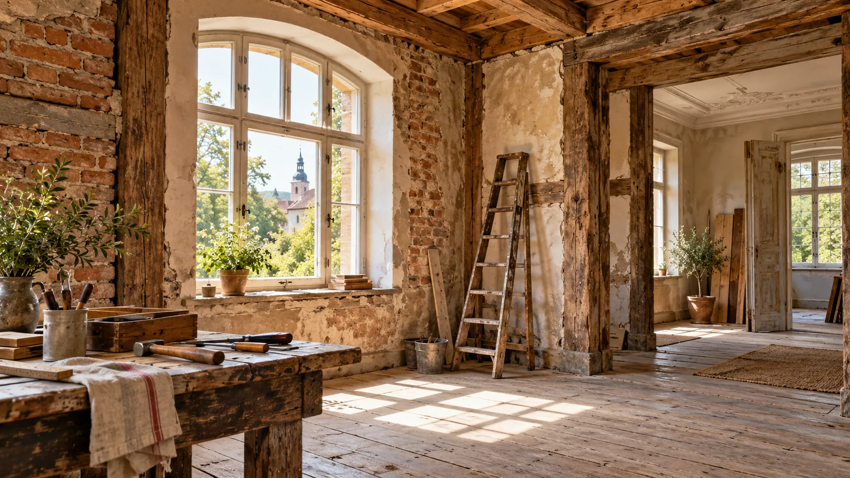 Historischer Altbau-Raum während einer behutsamen Sanierung